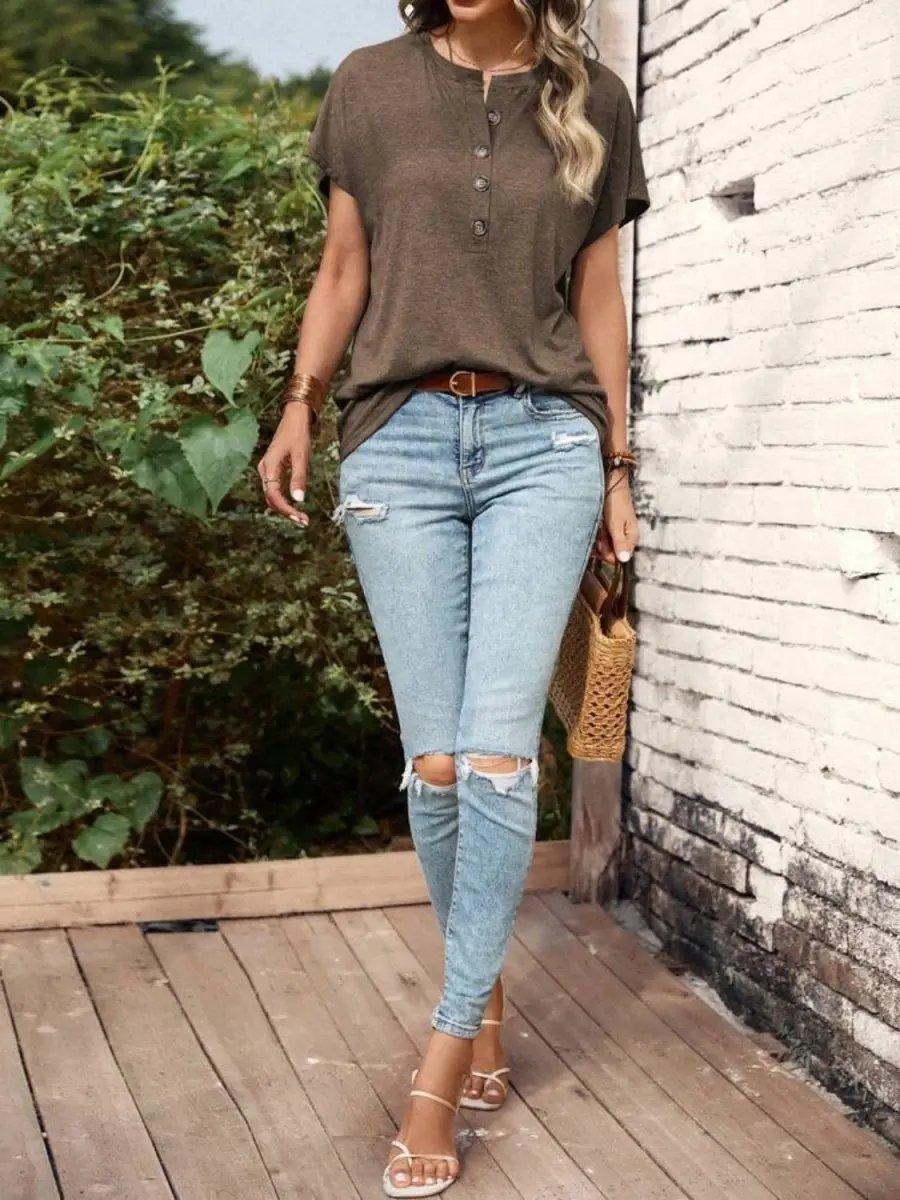 Stylish Half Button Short Sleeve Top for Women - Love Salve